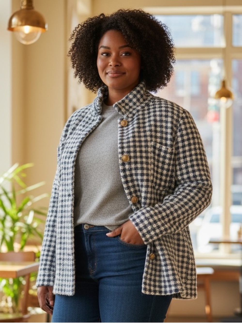 Max Studio Classic Houndstooth Button-Up Jacket in Navy & white